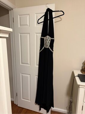 Black Halter Evening Dress with Silver Beaded Waist (worn once)
